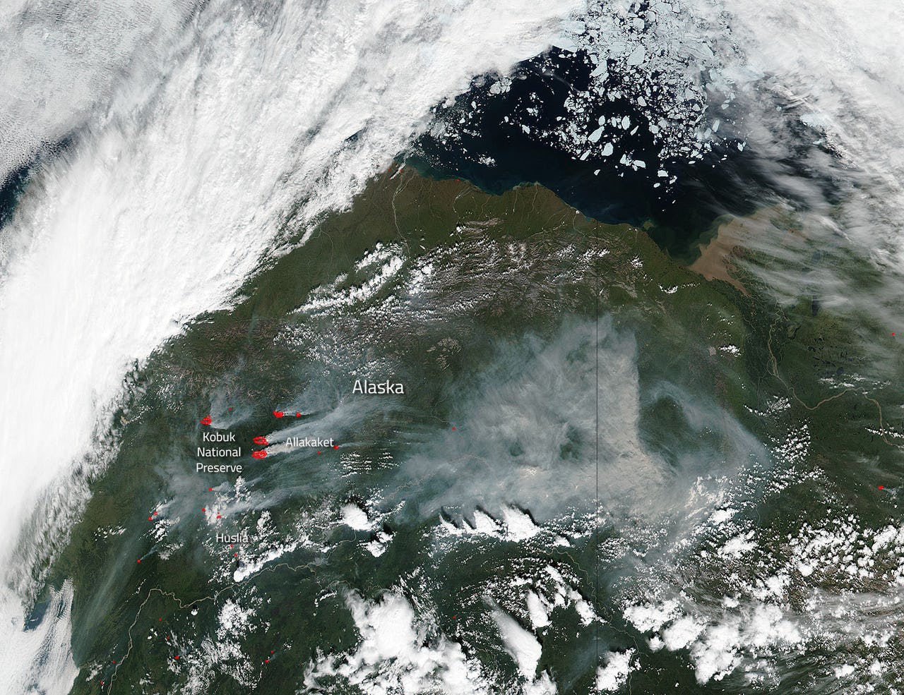 Satellite image showing wildfire in Alaska in 2016