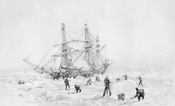 Black and white painting of HMS Terror