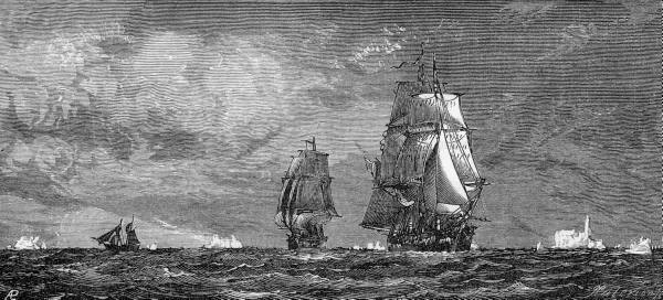 Black and white painting of three ships