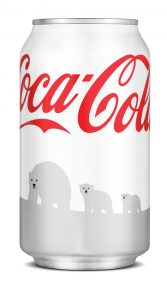 White can with red font and polar bears