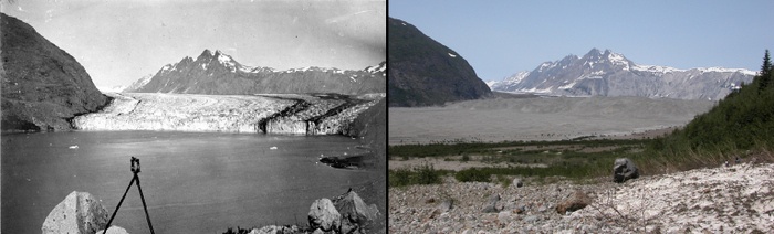 Two images showing the melting of the Carroll glacier