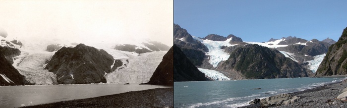 Two images showing the melting of the Holgate glacier