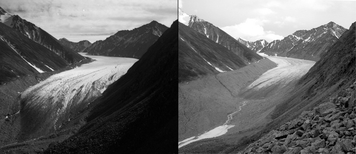 Two black and white images showing the melting of the McCall glacier