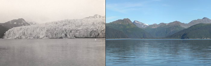 Two images showing the melting of the McCarty glacier