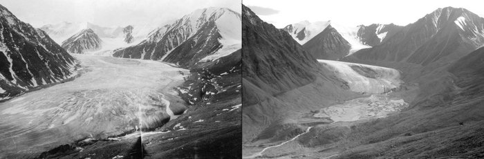 Two black and white images showing the melting of the Okpilak glacier