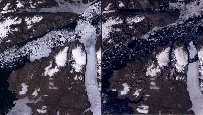 Two images showing the melting of the Petermann Glacier