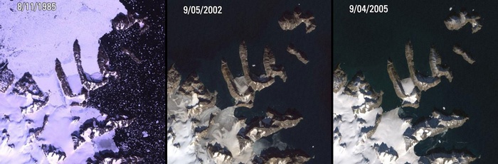 Three satellite images of ice melting in Greenland