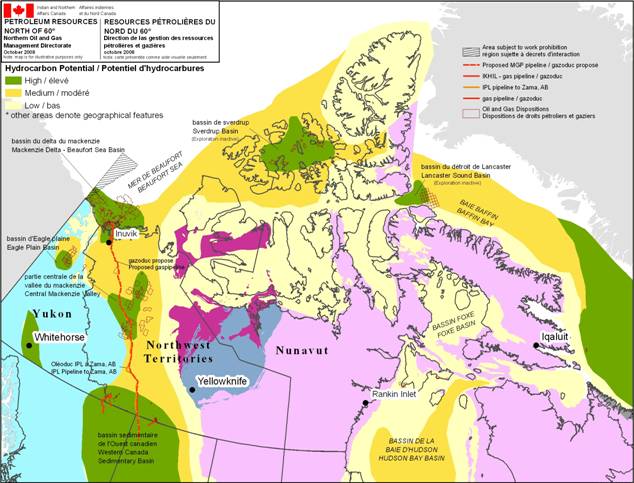 Map with different colors on Canada's hydrocarbon potential