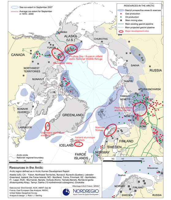 Map showing various resources located in the Arctic