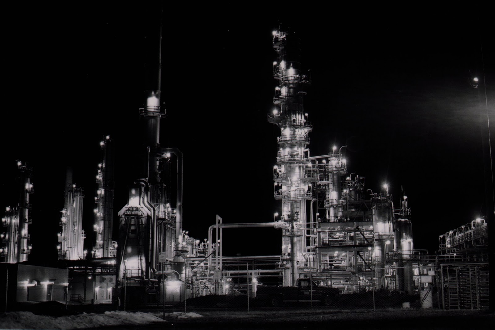 Black and white image of oil refinery