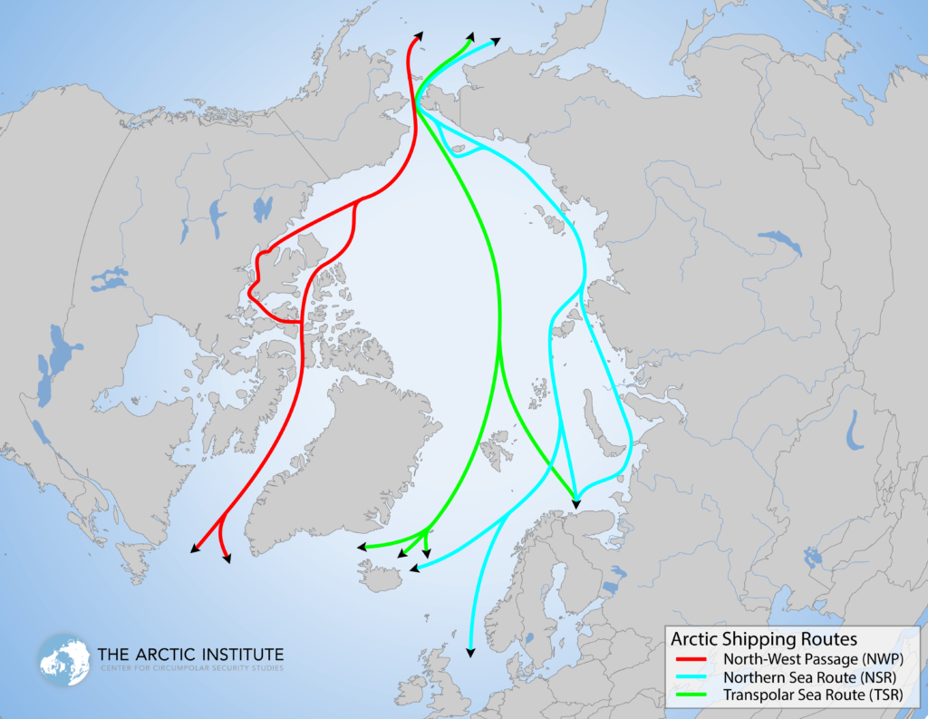 Map showing Arctic shipping routes