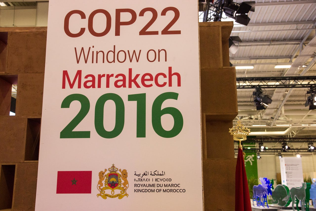 A sign at the UN Summit on Climate Change, COP22 in Marrakesh, Morocco from November 7 to November 18, 2016.