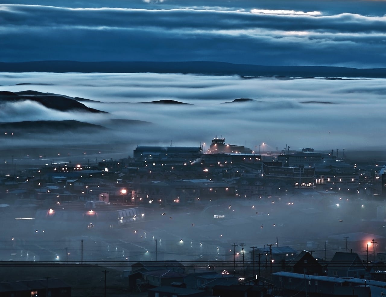 Mist over Iqualuit, dark night