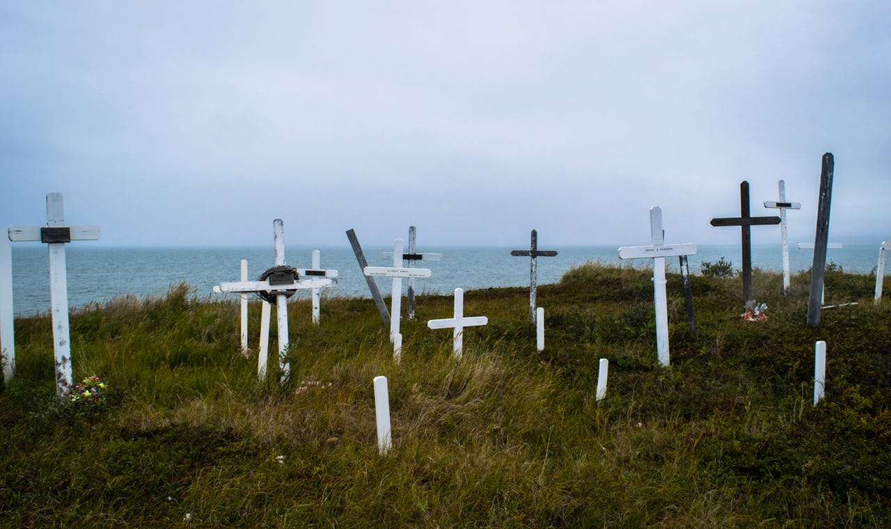 Grave crosses at a cemetery on the waterfront