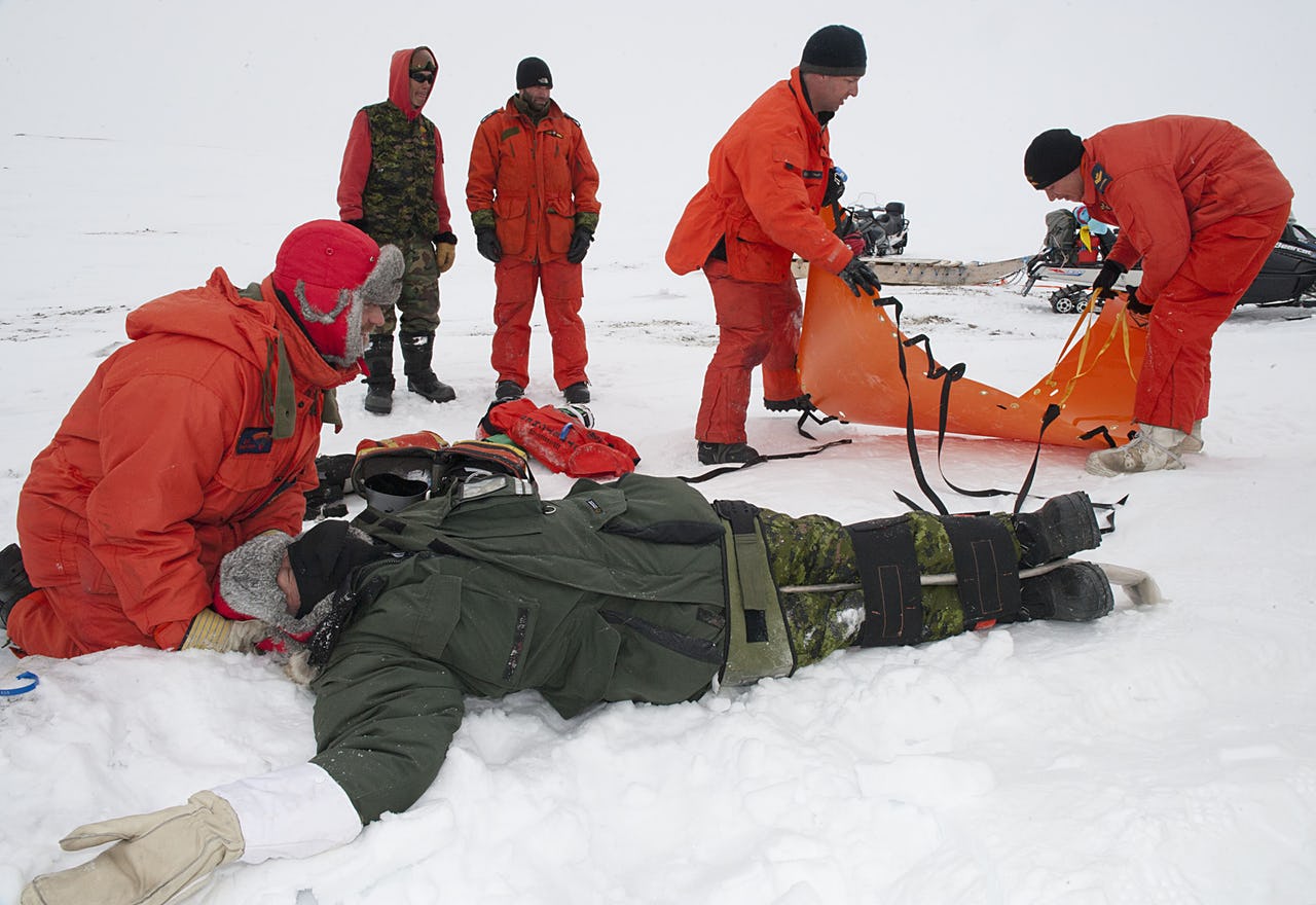 Men at search and rescue training in Arctic