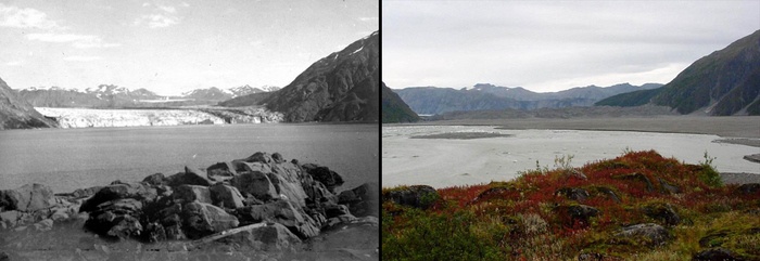 Two images showing the melting of the Carroll glacier