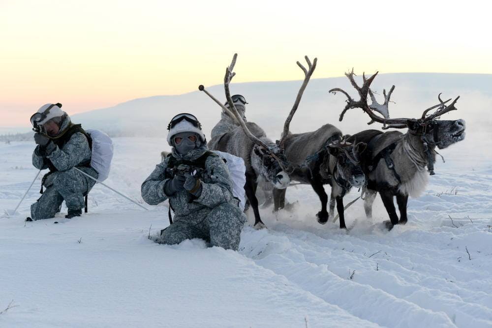 Russian Special Forces soldiers in winter camouflage pose with rifles next to three reindeer in a snowy, white, Arctic landscape.