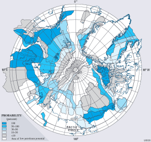 Probability map of Arctic hydrocarbons, petroleum, oil, natural gas, colored in blue, light blue, gray. View of North Pole, showing latitude and longitude, oil deposits, resources.