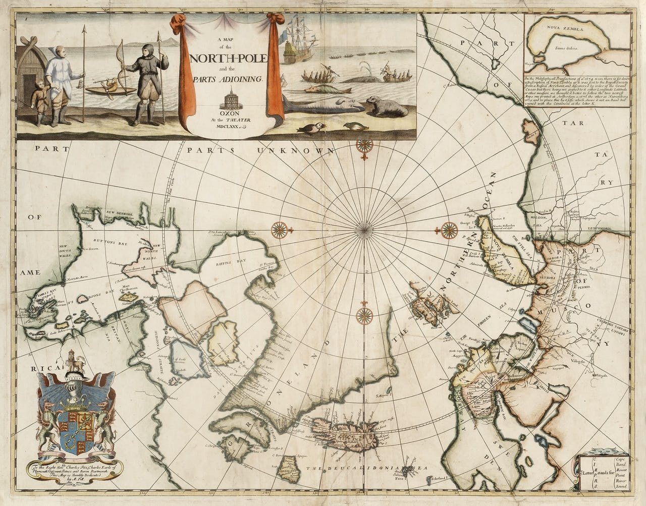 Antique map depicting partially mapped Arctic regions of North America, Greenland, Iceland, Svalbard, and Northern Russia.