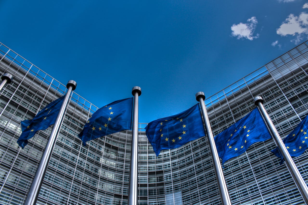 Flags of the European Union in front of European Commission buidling