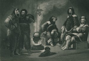 Five men dressed in wholly clothes around a fireplace with a dog in the foreground.