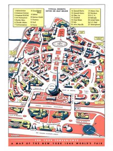 A drawn map of the fairgrounds in white, red, blue and yellow colours