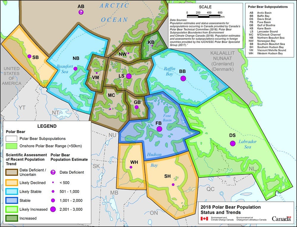 Map of Arctic Canada highlighting in different colours the distribution of polar bear populations