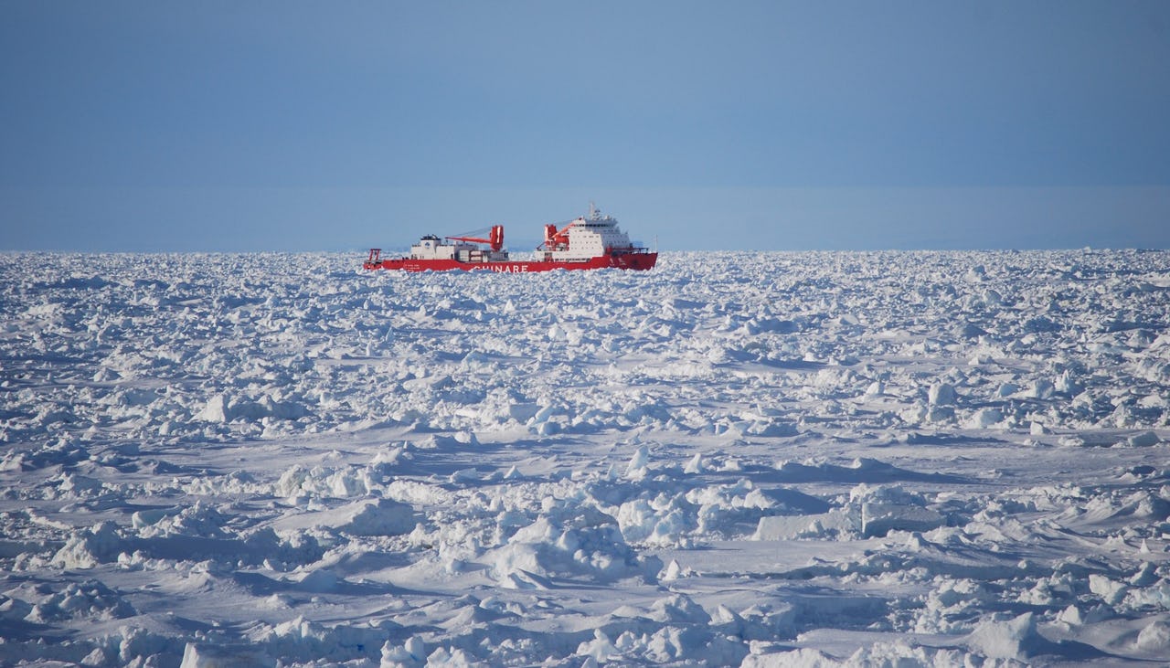 The Chinese research vessel Xue Long surrounded by ice