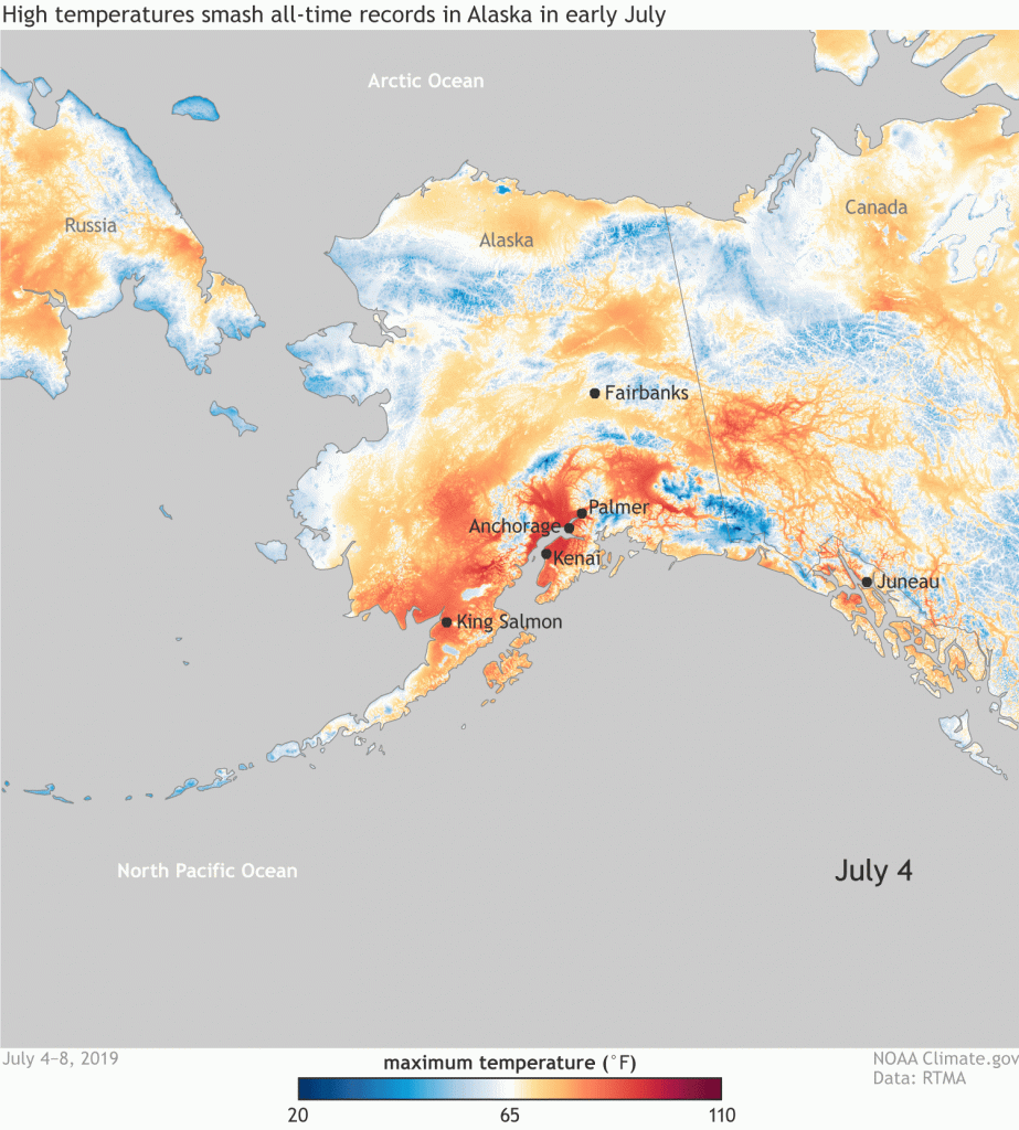 Gif showing in different colours changing temperatures in Alaska