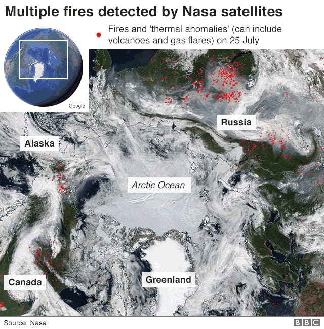 Map showing wildfires in the Arctic