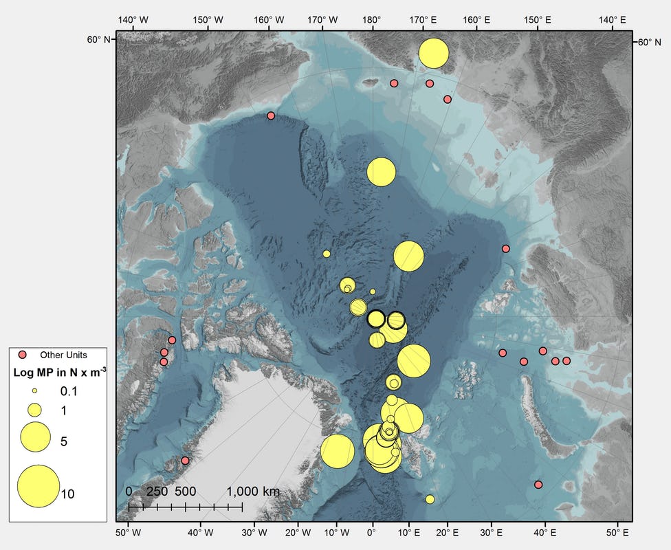Map of Central Arctic Ocean with yellow circles showing microplastic concentration