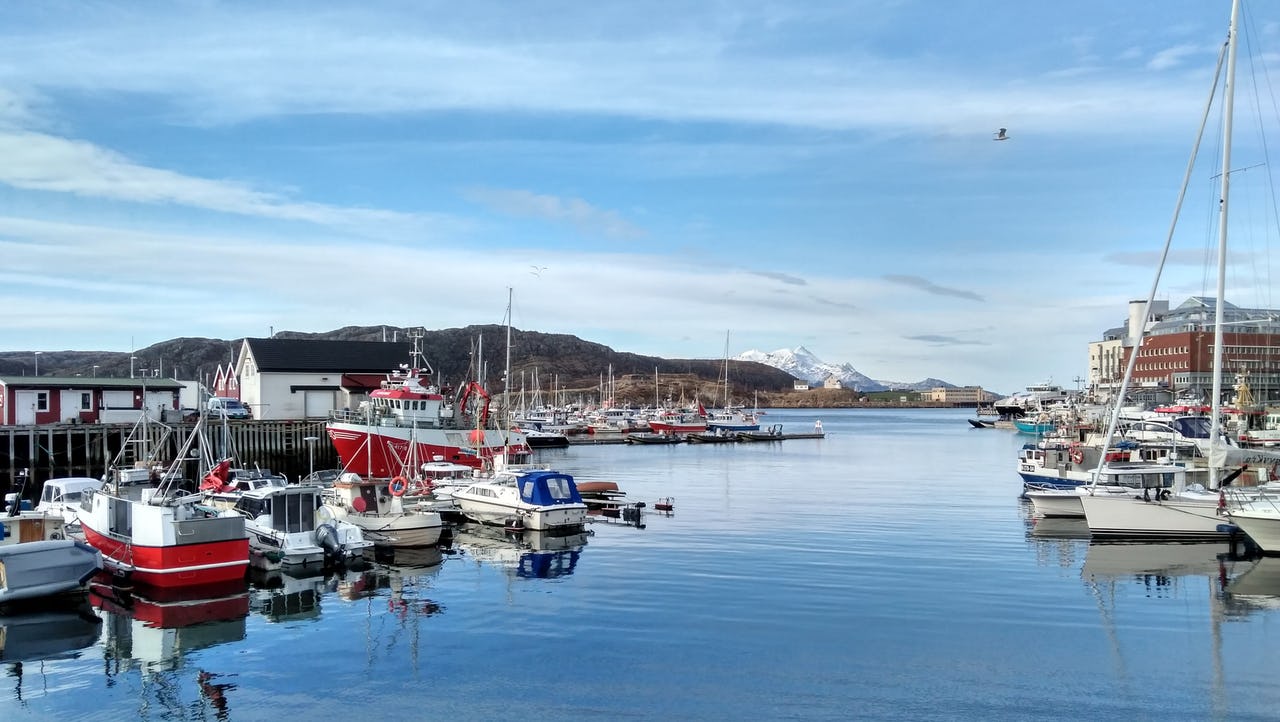 Boats in a harbour of Bodø with snowy mountains in the background
