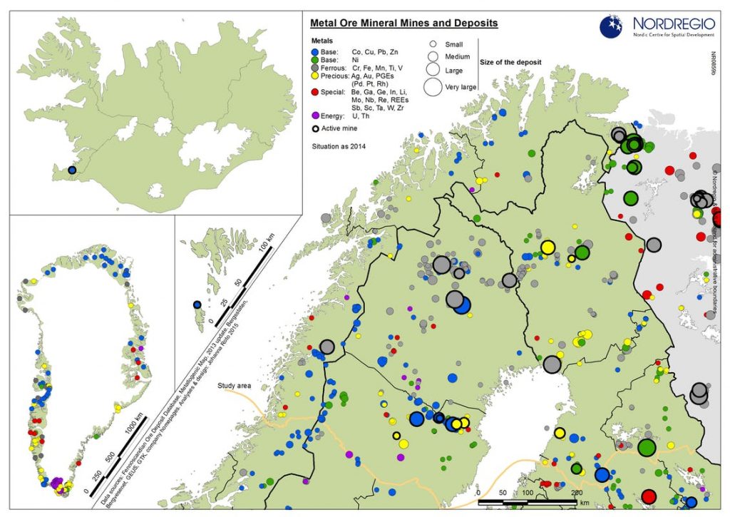 Map showing coloured metal ore deposits in the Nordic Arctic in coloured circles