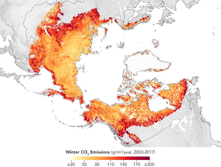 Graph showing the Arctic highlighting in different colours from yellow to red CO2 emissions from permafrost