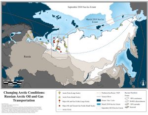 Map of Russia's NSR, oil and gas fields and changing environmental conditions