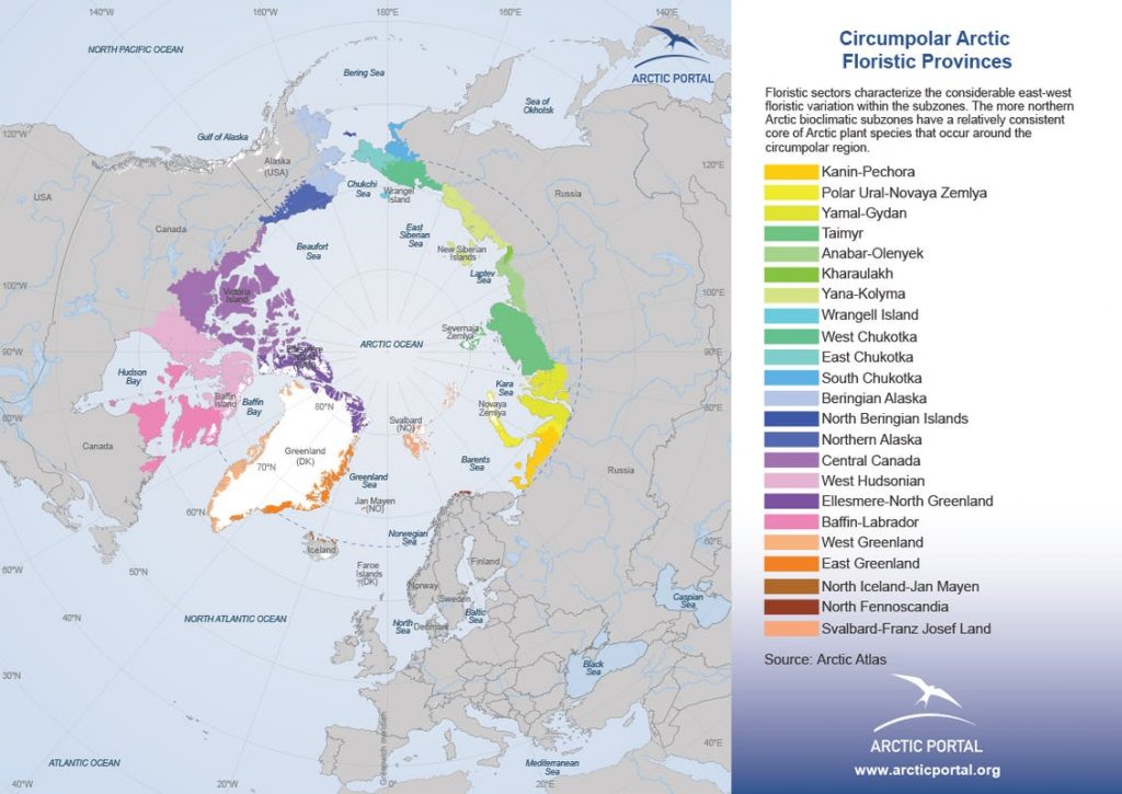 Map of the Arctic with various provinces coloured differently