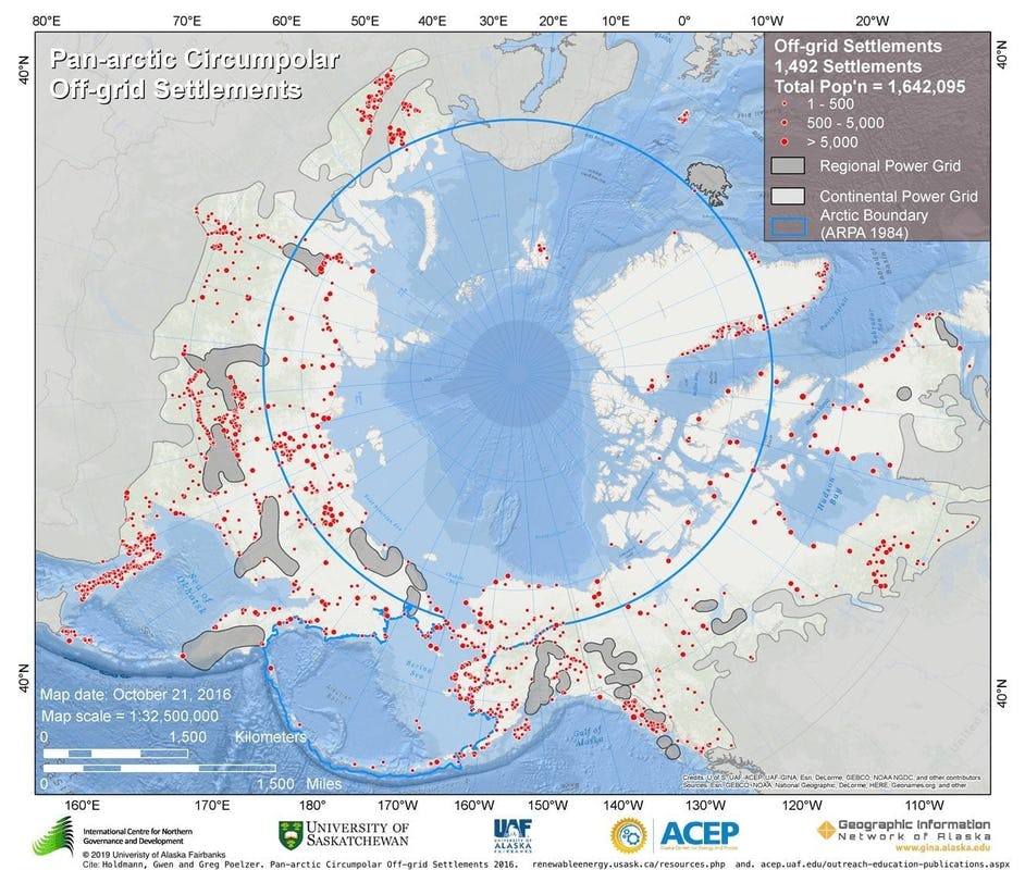 A map showing all communities in the circumpolar north that are self-reliant for power and heating indicated by red dots