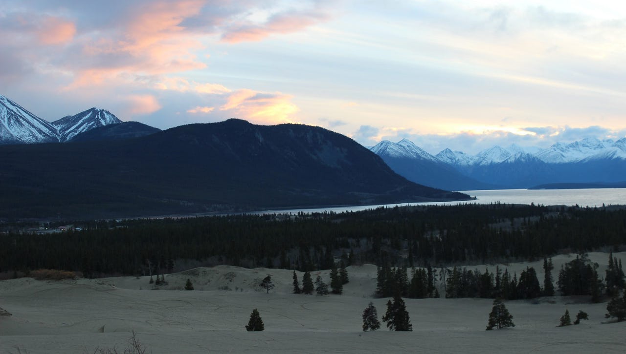 Forest and snow-covered mountains with a river