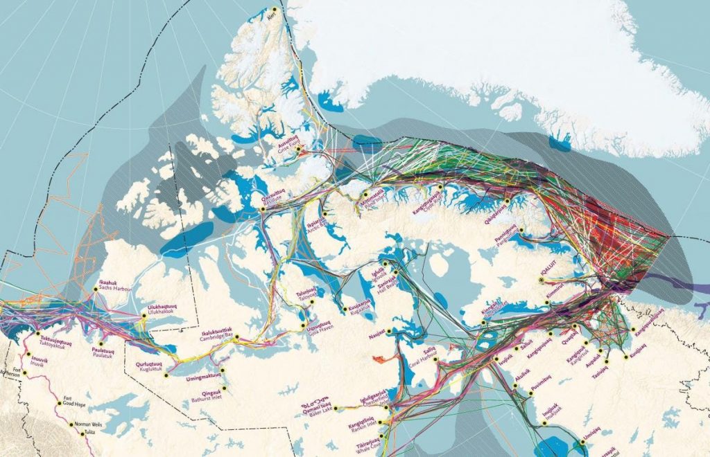 Map of the Canadian Arctic with lines, shaded areas and dots.