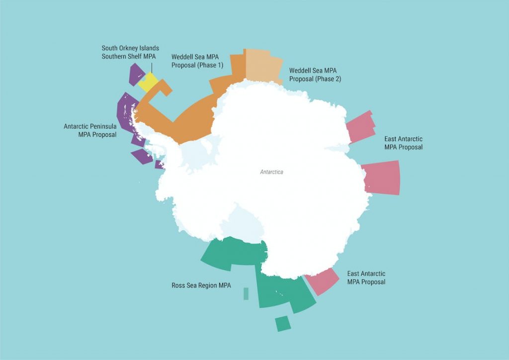 Map showing in various colours suggestions for the establishment of Marine Protected Areas (MPAs) in Antarctic