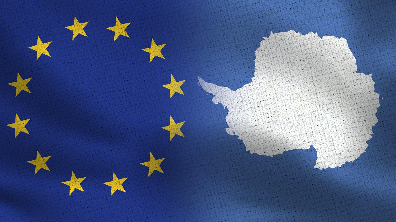 Map of the European Union (yellow stars on blue background) next to map of Antarctica