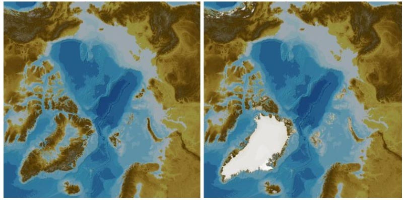 Two multi-coloured bathymetric charts of the Arctic Ocean