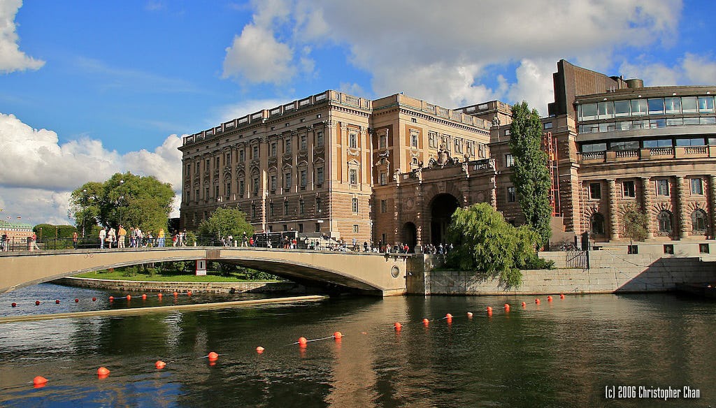 The modern and old sides of the Swedish Parliament or The Riksdag in central Stockholm