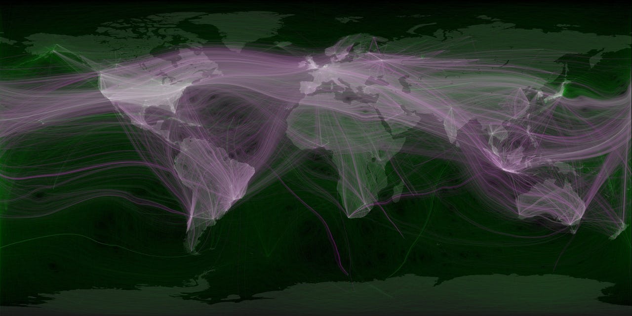 Global map with green and purple lines connecting the continents
