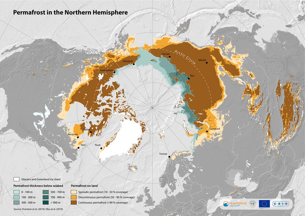 Map showing permafrost coverage in the Northern Hemisphere in various colours
