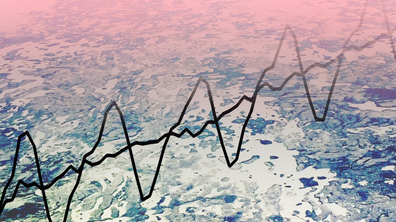 On a background photo of a blue-green boggy landscape that fades upwards to pink, a line graph showing atmospheric CO2 concentrations in ppm rises across the image from left to right, fading as it gets higher