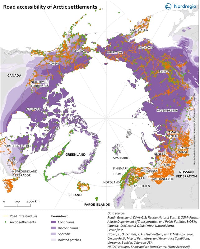 Map of the Arctic showing roads in various colours