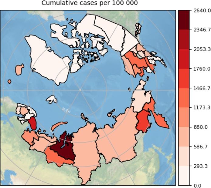 Circumpolar map of Arctic regions colored red to show coronavirus infections in Russia, United States, Norway, Canada, Finland, Sweden, Iceland, and Greenland