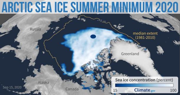 Map of the Arctic showing in various colours (grey, blue and white) the Arctic sea ice concentration in 2020