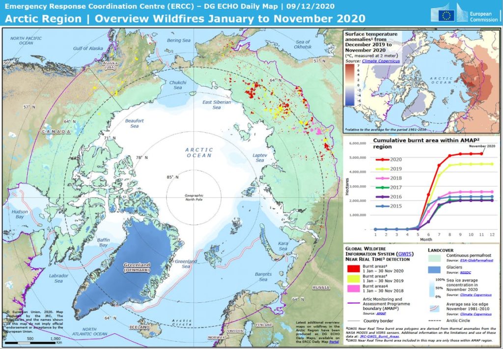 Map of the Arctic region showing in different colours wildfires over the year 2020